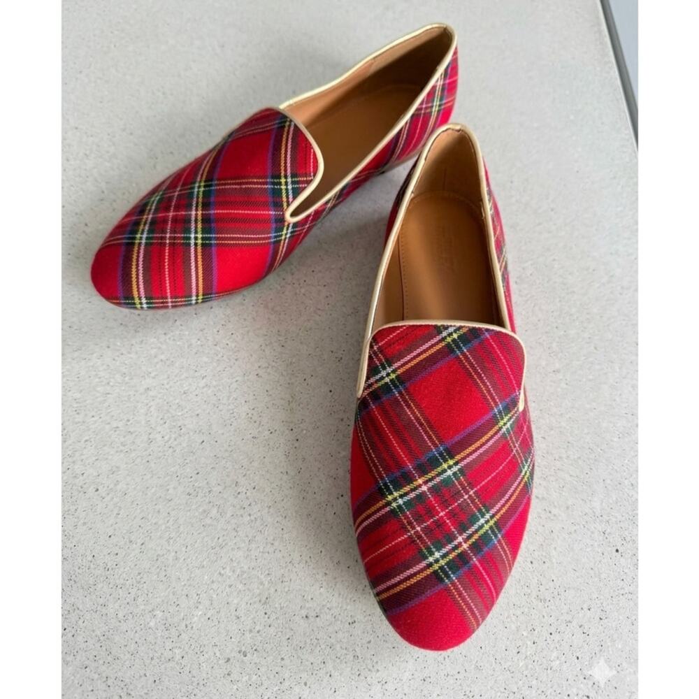 J.Crew Red Stewart Tartan Plaid Smoking Loafers Slip on Flats Women's Size 8